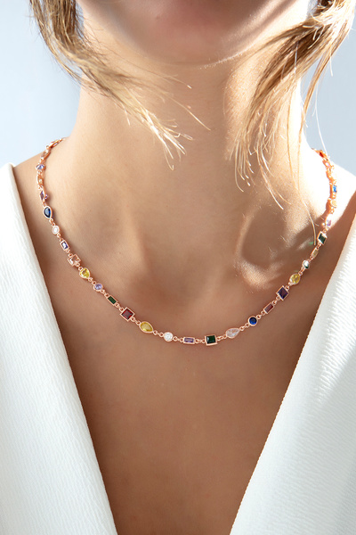 SARIASLAN 925 Ayar Gümüş Renkli Baget Gökkuşağı Gümüş Kolye Rose Renk