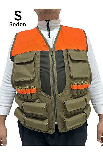 UYĞURCA S Beden Avcı Yeleği - 50 Fişek Kapasiteli - Koyu Haki üzerine Haki Ku...