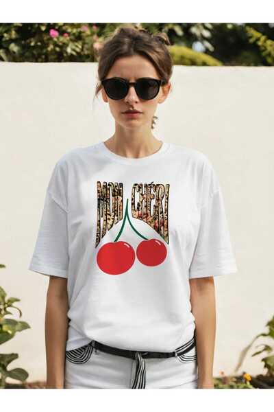 Ankhises Tricou oversize alb cu imprimeu frontal Mon Cherry Cherries, pentru ...