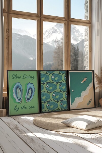 Postifull Siyah Tablo Seti, 3 Adet Siyah Çerçeveli Poster slow living Model No:300852, Yeşil Duvar Dekoru