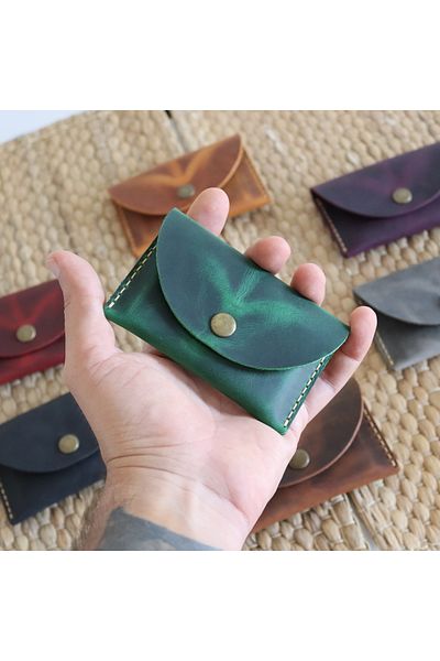 Derici Amca Handmade Leather Card Holder Wallet - Antique Snap Fastener Minimal Card Holder Wallet