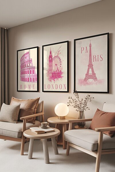 Postifull Siyah Tablo Seti, 3 Adet Siyah Çerçeveli Poster Cities Model No:300812, Pembe Duvar Dekoru