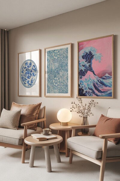 Postifull Ahşap Tablo Seti, 3 Adet Ahşap Çerçeveli Poster Hokusai Waves Model...