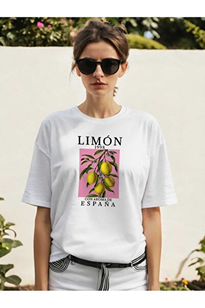 Ankhises تي شيرت ليمون إسبانا أبيض كبير الحجم مطبوع من الأمام للرجال والنساء ...