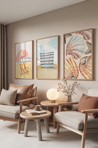 Postifull Set de pictură din lemn, poster cu rame din lemn 3 bucăți Beach Mod...