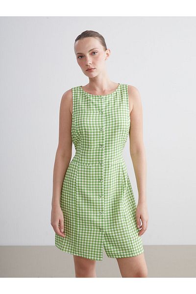 LC Waikiki Crew Neck Plaid Mini Shirt Dress