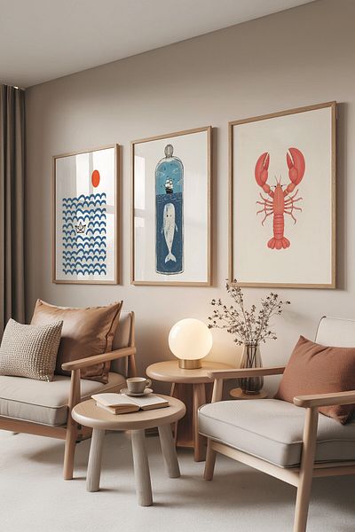 Postifull Wooden Painting Set, 3 Pieces Wooden Framed Poster Sea Icons Model No:300831, Blue Wall Decor