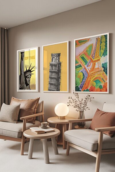 Postifull Beyaz Tablo Seti, 3 Adet Beyaz Çerçeveli Poster Colorfull Cities Mo...