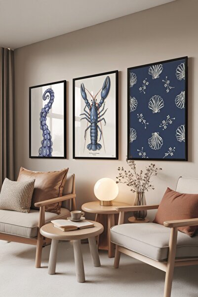 Postifull Set de picturi negre, 3 bucăți poster cu cadru negru Sea Shells Mod...