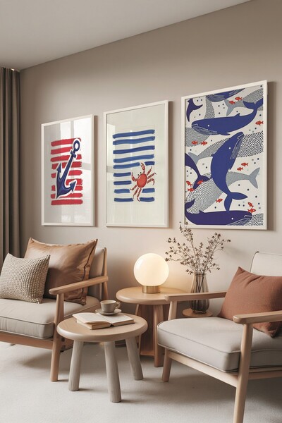 Postifull Set de picturi albe, 3 poster cu cadru alb Blue Whale Model Nr:3008...