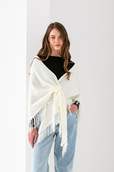 Wega Moda Τριγωνικό σάλι με ασημί φούντες, γυναικείο σάλι ώμου, απαλό και κομψό, γυναικείο τριγωνικό σάλι ώμου.