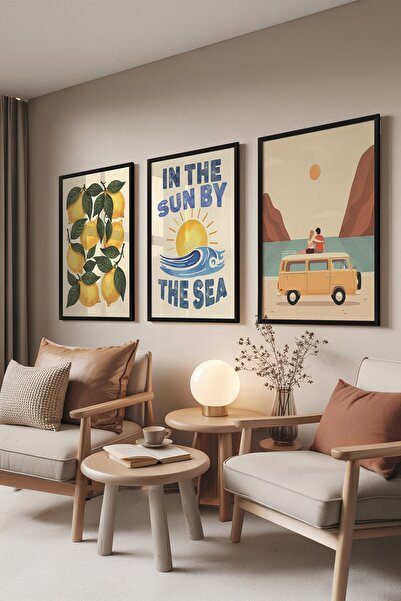 Postifull Crni set slika, 3 komada crnog uokvirenog postera Sunce pored mora ...