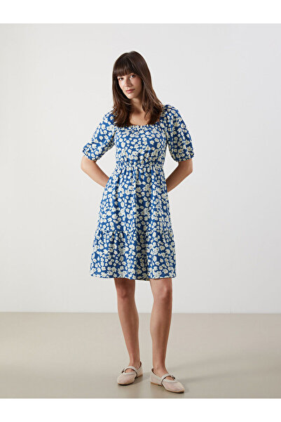 LC Waikiki Lcw Comfort Navy Blue Square Neck Floral Dress with Nevavm Differe...