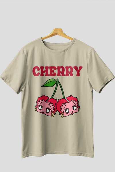 Ankhises Tricou oversize bej cu imprimeu frontal Cherry Cherries 10, pentru b...