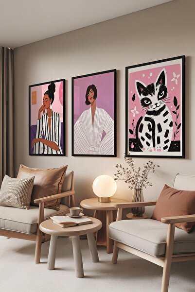 Postifull Set de picturi negre, 3 bucăți poster cu cadru negru Woman in Pink ...