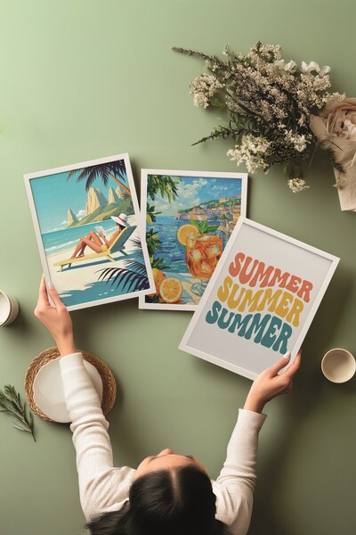 Postifull Beyaz Tablo Seti, 3 Adet Beyaz Çerçeveli Poster Summer Model No:300854, Multicolor Duvar Dekoru