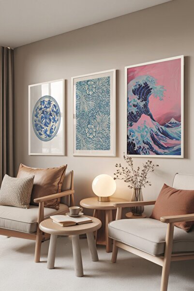 Postifull Beyaz Tablo Seti, 3 Adet Beyaz Çerçeveli Poster Hokusai Waves Model No:300866, Pembe Duvar Dekor