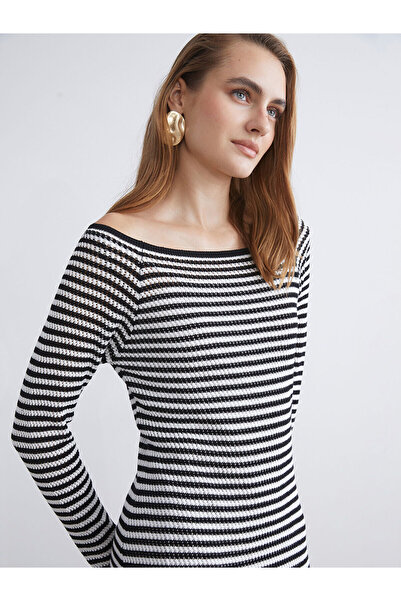 LC Waikiki Peak Νέα Σεζόν Λαιμόκοψη Καγιάκ δαντελωτή πλέξη Πλεκτό Φόρεμα