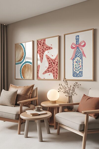 Postifull Ahşap Tablo Seti, 3 Adet Ahşap Çerçeveli Poster Sea Bottle Model No:300849, Mavi Duvar Dekor