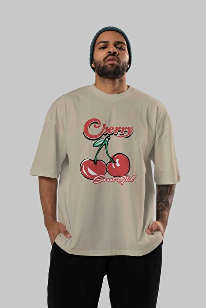 Ankhises Cherry Cherries 8 Μπροστινό εμπριμέ μπλουζάκι Oversize Ανδρικό Γυναικείο Βαμβακερό μπλουζάκι με λαιμόκοψη