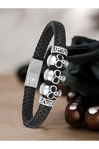 Santa Barbara Polo & Racquet Club Black Silver Color Dry Head Men's Leather Bracelet