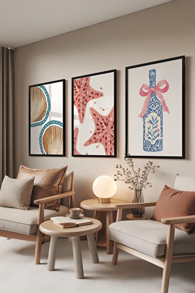 Postifull Siyah Tablo Seti, 3 Adet Siyah Çerçeveli Poster Sea Bottle Model No...