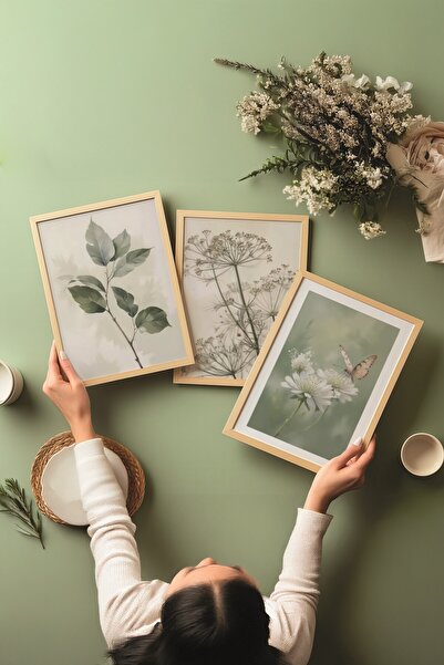 Postifull Ahşap Tablo Seti, 3 Adet Ahşap Çerçeveli Poster Nature Model No:300809, Yeşil Duvar Dekoru