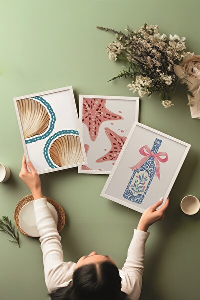 Postifull Beyaz Tablo Seti, 3 Adet Beyaz Çerçeveli Poster Sea Bottle Model No:300849, Mavi Duvar Dekor