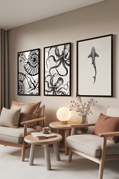 Postifull Set de picturi negre, 3 posteruri cu cadru negru Sea Model Nr:30084...