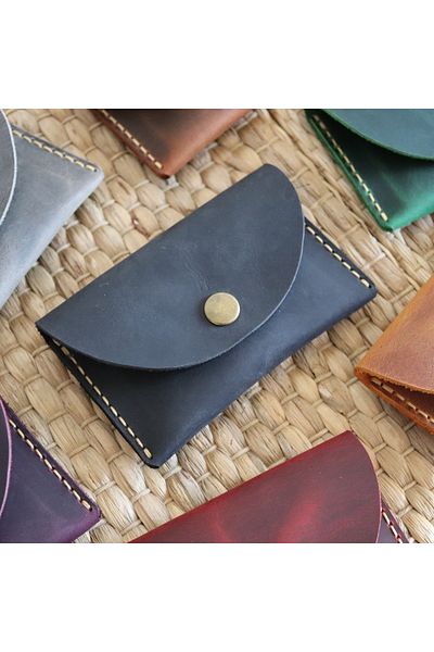 Derici Amca Handmade Leather Card Holder Wallet - Antique Snap Fastener Minimal Card Holder Wallet
