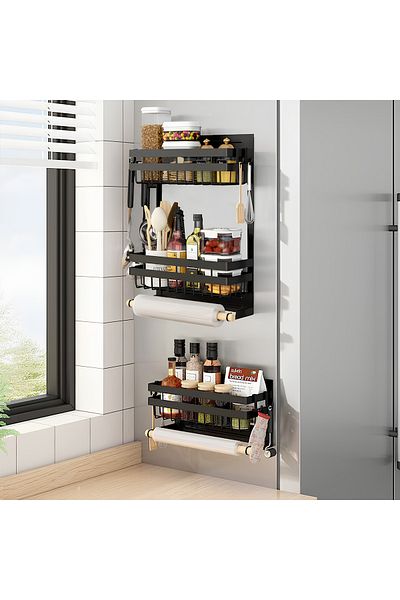 OricareFain Raft universal cu suport pentru role de prosoape, montare magnetică, 4 cârlige, 38 x 30 x 11 cm, negru