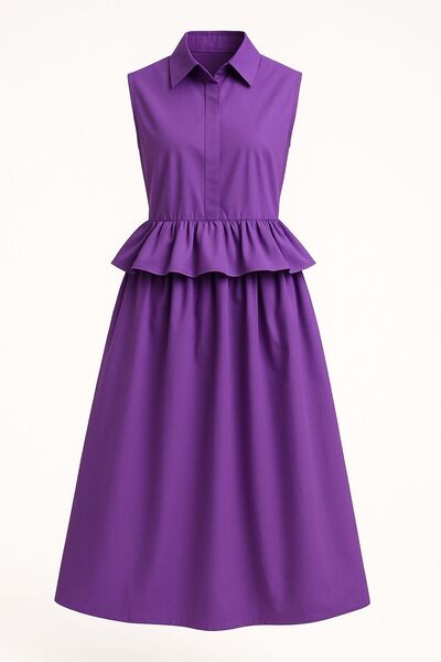 MERT ERKAN Ruffle Detailed Sleeveless Light Purple Poplin Midi Shirt Dress