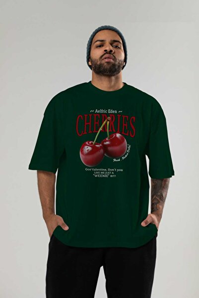 Ankhises Cherry Cherries Μπροστινό εμπριμέ μπλουζάκι Oversize Ανδρικό Γυναικείο Βαμβακερό μπλουζάκι με λαιμόκοψη