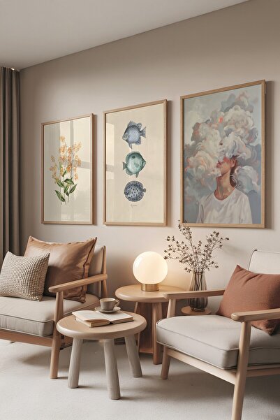 Postifull Ahşap Tablo Seti, 3 Adet Ahşap Çerçeveli Poster Cloudy Head Model N...