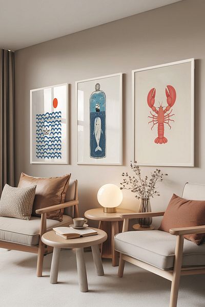 Postifull White Painting Set, 3 Pieces White Framed Poster Sea Icons Model No:300831, Blue Wall Decor