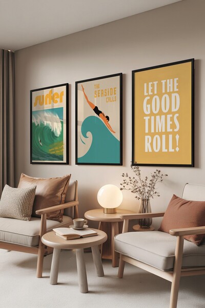 Postifull Set de picturi negre, 3 bucăți poster cu cadru negru Surfer Model N...