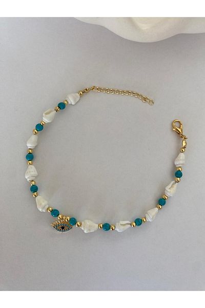 marsel aksesuar White Turquoise Gold Color Anklet with Evil Eye Figure