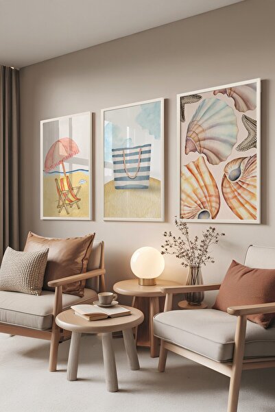 Postifull Set de picturi albe, 3 posteri cu cadru alb Beach Model Nr:300825, ...