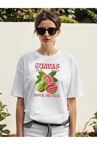 Ankhises Tricou oversize alb cu imprimeu frontal Guavas, pentru bărbați și fe...