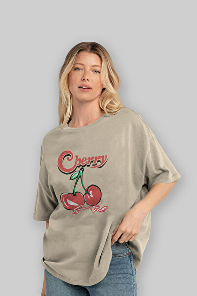 Ankhises Cherry Cherries 8 Μπροστινό εμπριμέ μπλουζάκι Oversize Ανδρικό Γυναικείο Βαμβακερό μπλουζάκι με λαιμόκοψη