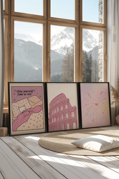 Postifull Siyah Tablo Seti, 3 Adet Siyah Çerçeveli Poster Time to Rest Model No:300803, Pembe Duvar Dekoru