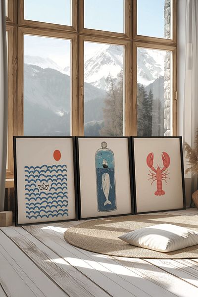 Postifull Black Painting Set, 3 Pieces Black Framed Poster Sea Icons Model No:300831, Blue Wall Decor