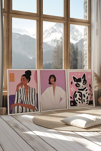 Postifull Set de picturi albe, 3 poster cu cadru alb Woman in Pink Model No:300868, Decor de perete roz