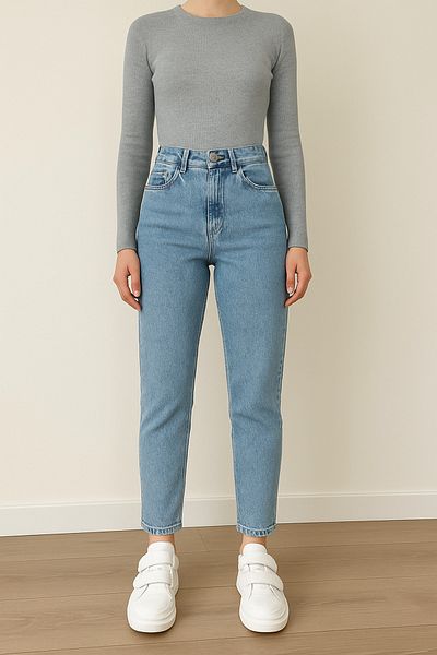 DELDNM Pantaloni Mom Jean din Lycra cu talie înaltă pentru femei Serel Snow Blue - Potrivire confortabilă zilnică