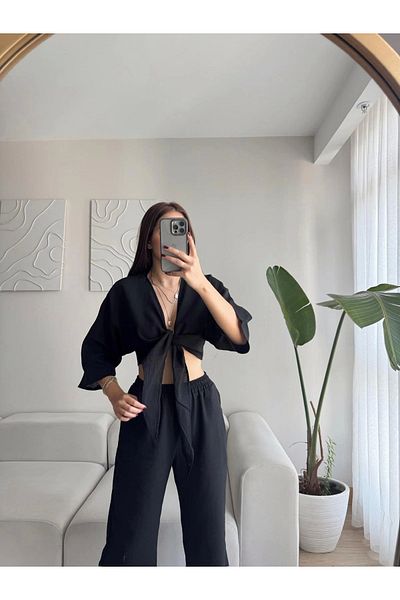 Zoom Butik Tie-Up Crop & Pants Set - Black