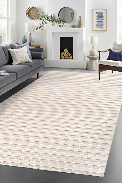 SARAZ HALI Kadife Bambu Dokuma Modern Kaymaz Salon Halısı Mutfak Halısı Koridor Halısı Yolluk Çizgi Beyaz