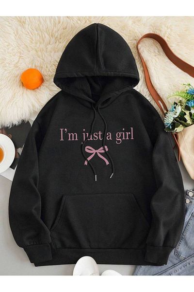 Hunors Sportswear & Company I'M Just a Girl Printed Black Oversize Hooded Women's Sweatshirt Hoodie