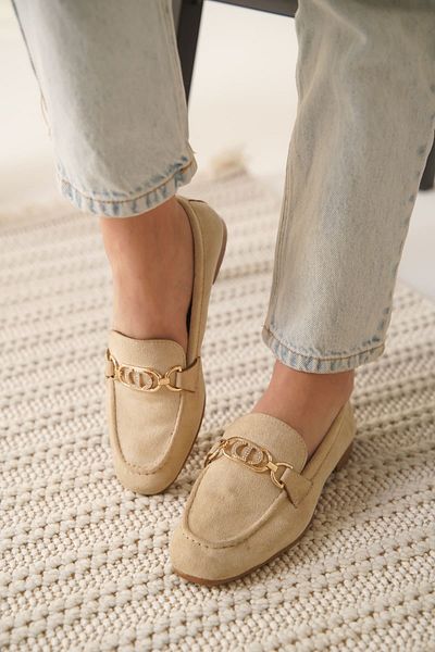 ripuvainen Lurose Women's Suede Stylish Buckle Detailed Casual Loafer Shoes - Beige