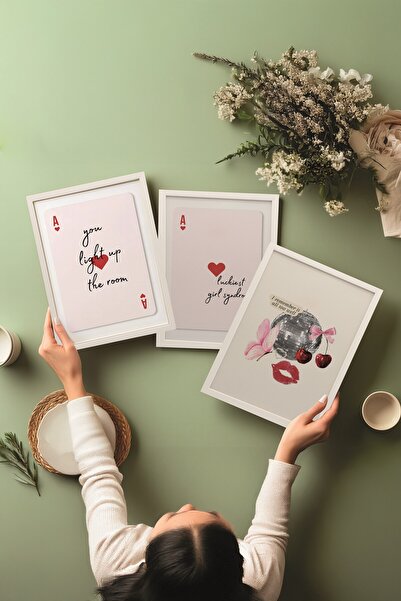 Postifull White Painting Set, 3 Pieces White Framed Poster Lucky Girl Model No:300895, Red Wall Decor