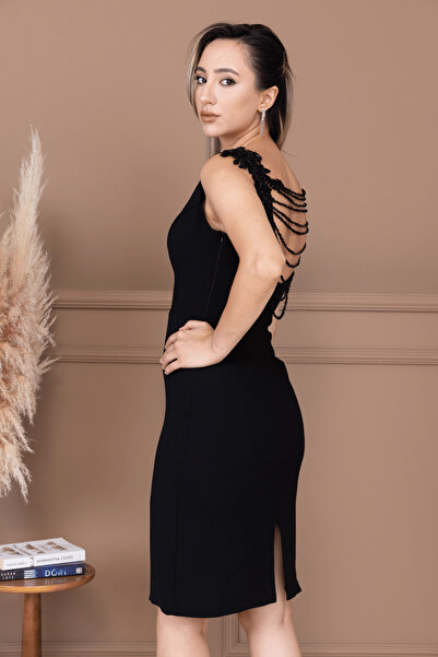 BEYBOS Krep Kumaş Sırt Boncuk Detaylı Kalem Elbise - SİYAH